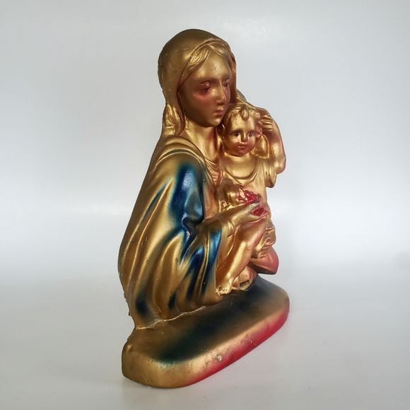 1967 Mother Mary & Baby Jesus Chalkware Bust Religious Christ Madonna Sculpture - Picture 3 of 11